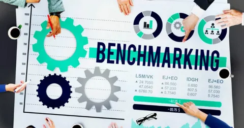 Gráfico de barras colorido mostrando a comparação de desempenho entre várias empresas no processo de benchmarking.