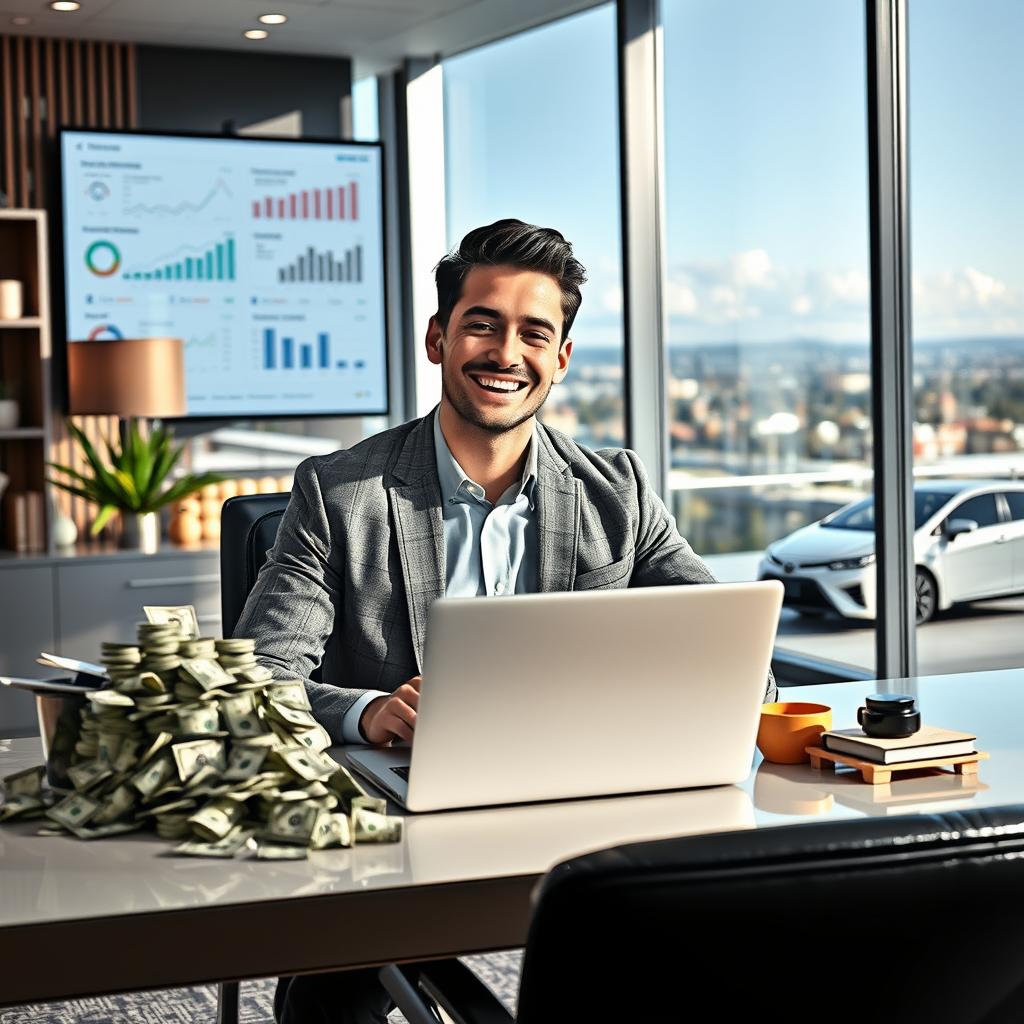 Jovem sonhando em se tornar milionário, aprendendo lições sobre sucesso financeiro.